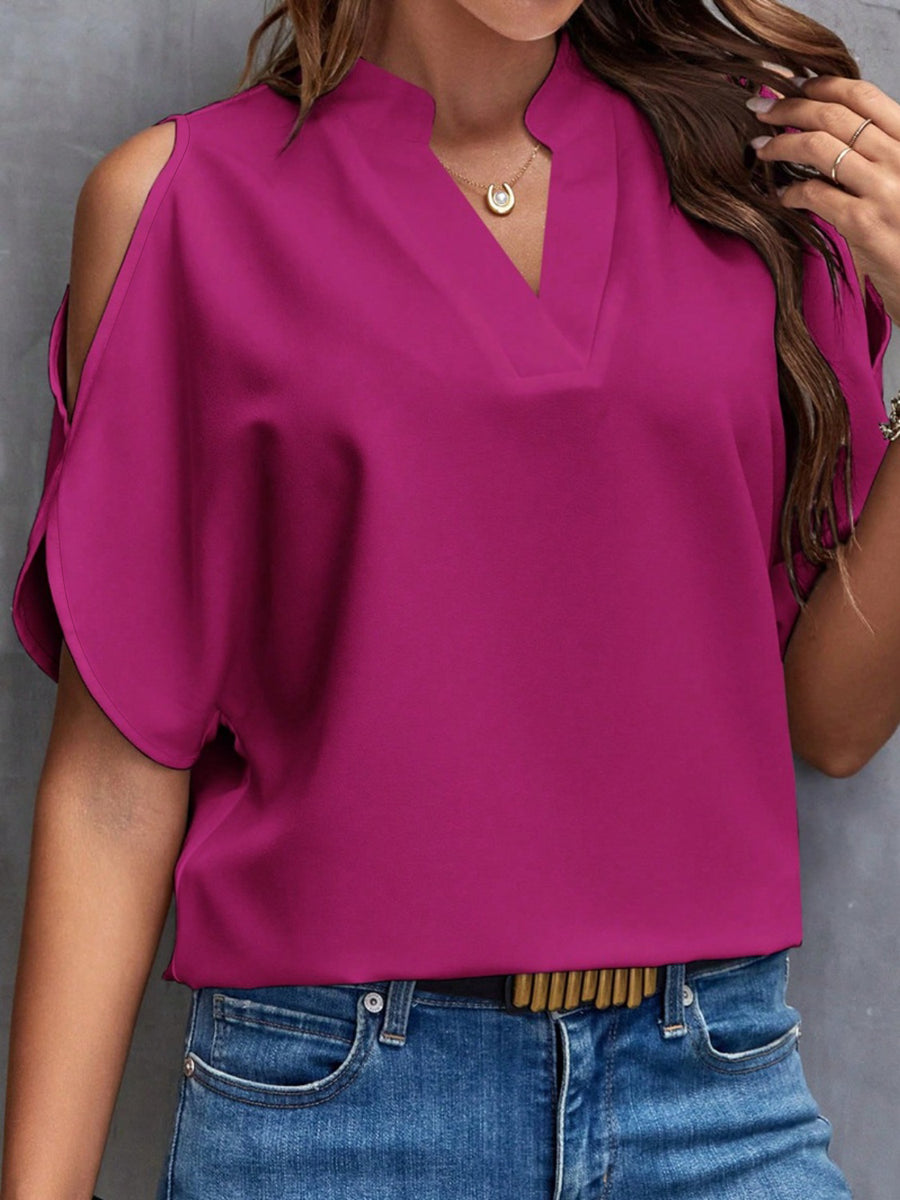Notched Cold Shoulder Blouse Deep Purple