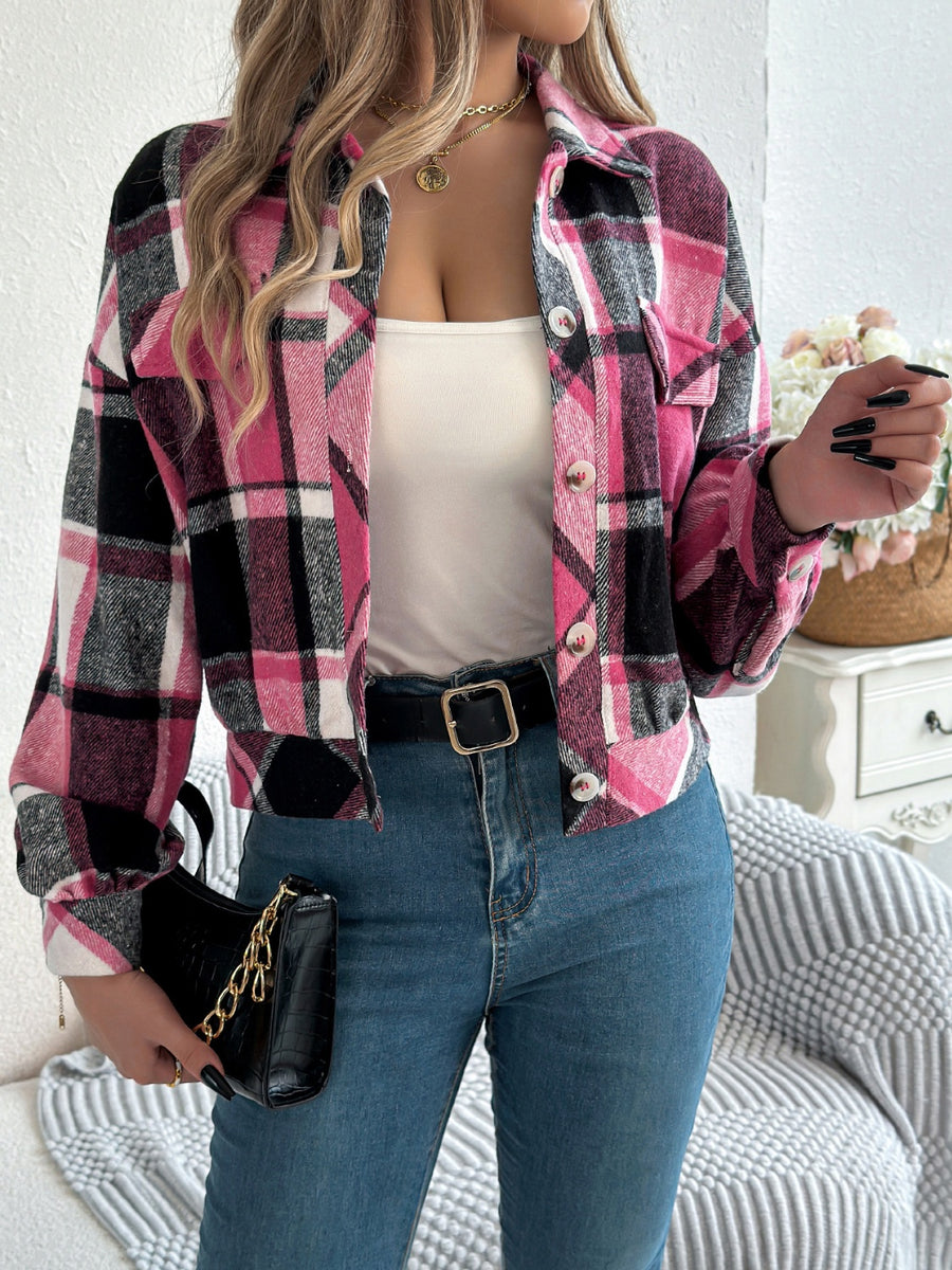 Plaid Button Up Long Sleeve Jacket Fuchsia Pink