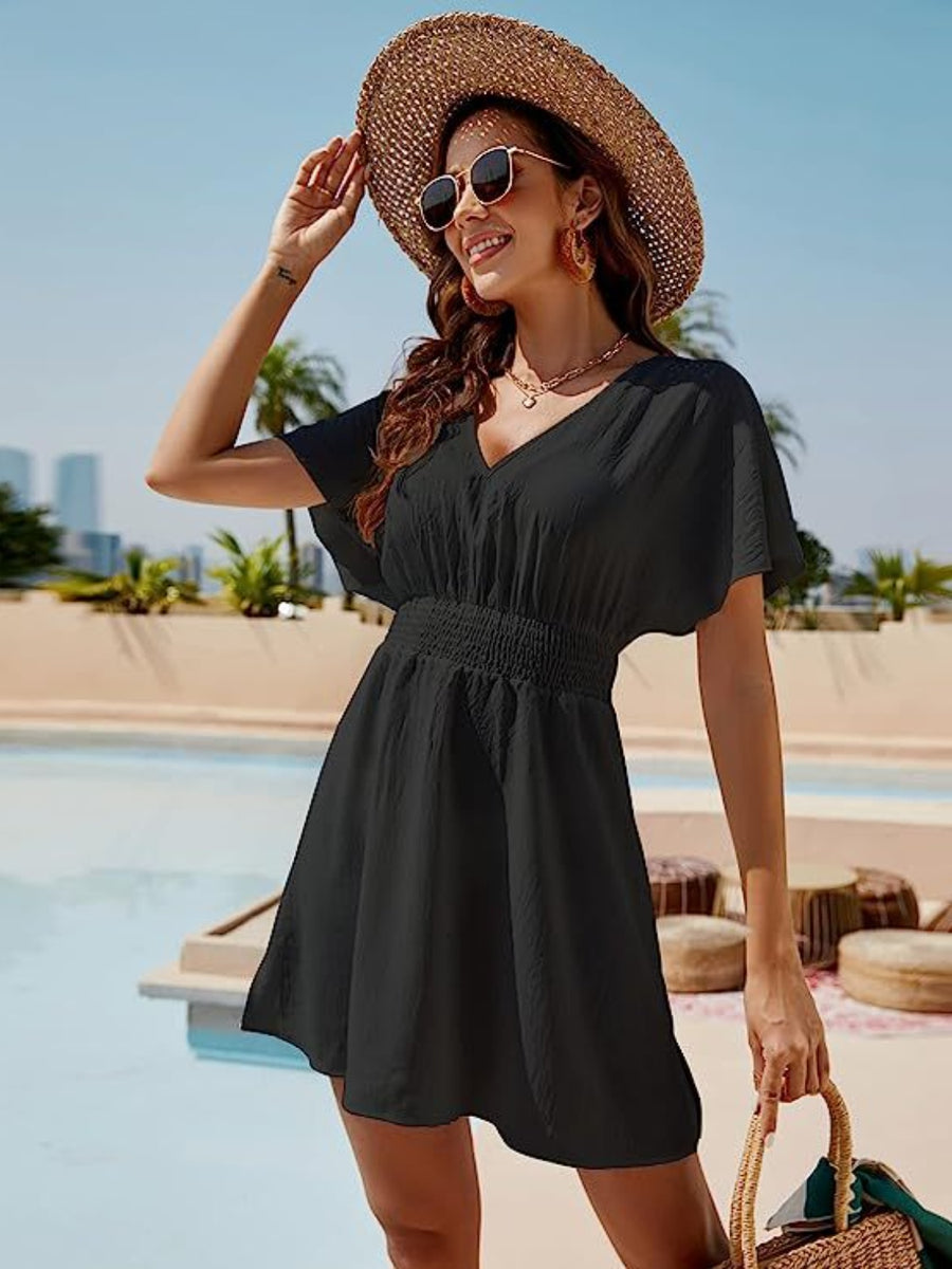Smocked V-Neck Short Sleeve Dress Black