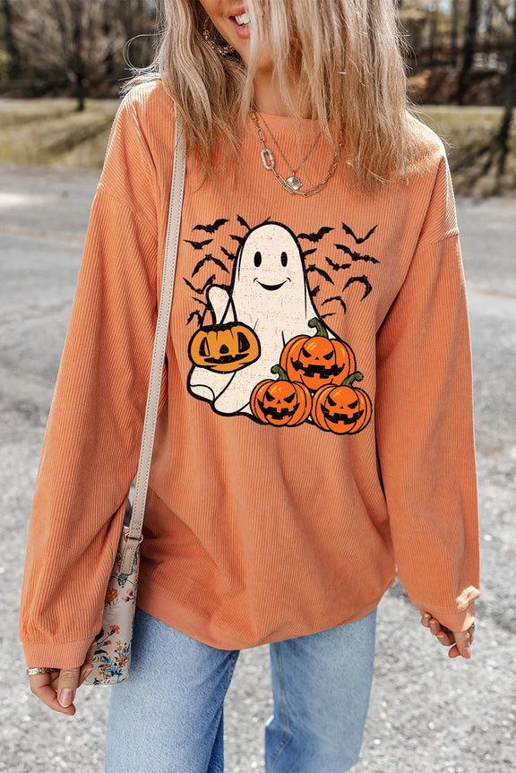 Jack-O'-Lantern Round Neck Long Sleeve Sweatshirt Sherbet
