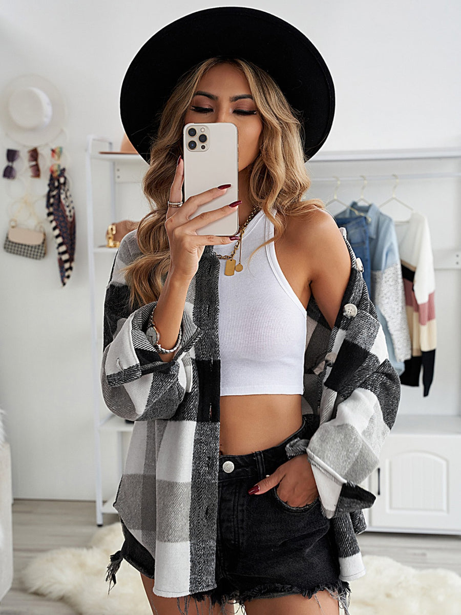 Plaid Button Up Dropped Shoulder Jacket Dark Gray