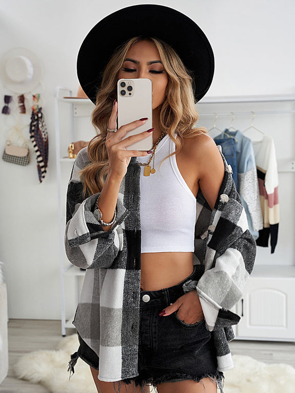 Plaid Button Up Dropped Shoulder Jacket Dark Gray