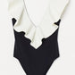 Two-Tone Ruffled Plunge One-Piece Swimsuit