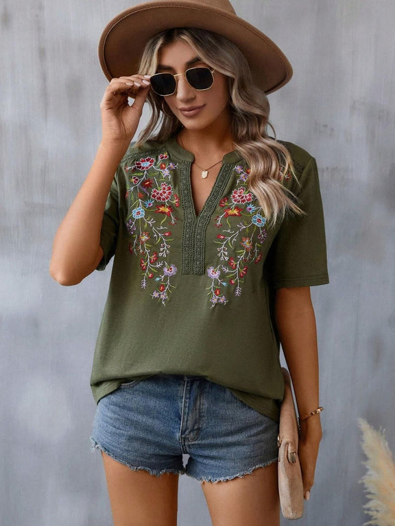 Embroidered Notched Short Sleeve T-Shirt Army Green