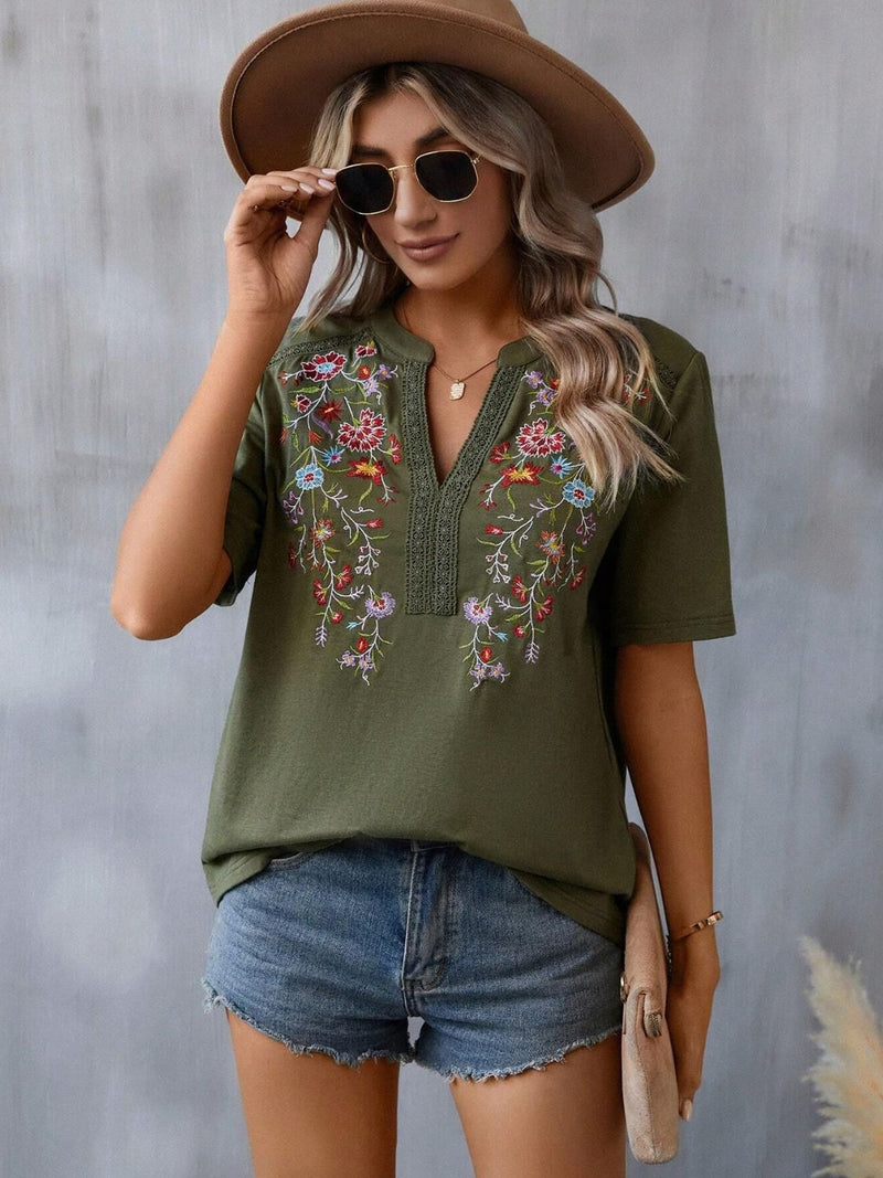 Embroidered Notched Short Sleeve T-Shirt Army Green