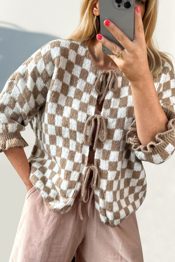Double Take Tied Checkered Dropped Shoulder Flounce Sleeve Cardigan Taupe