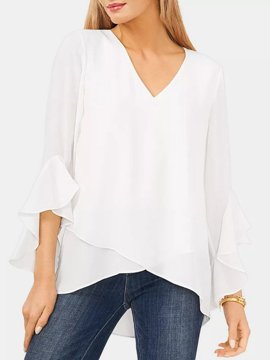 V-Neck Flounce Sleeve Blouse White