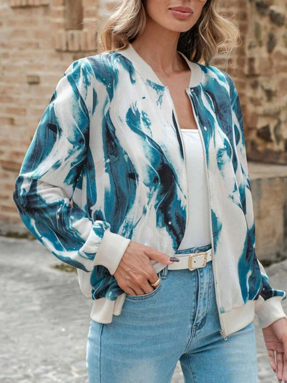 Printed Baseball Collar Zip Up Jacket Teal