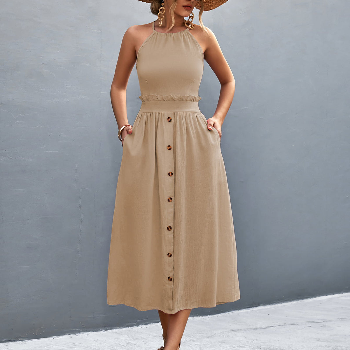 Buttoned Halter Neck Frill Trim Midi Dress