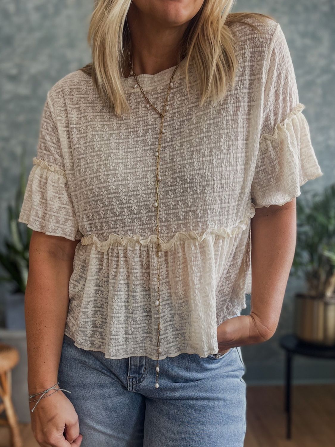 Frill Round Neck Half Sleeve Blouse Beige