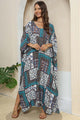 Printed V-Neck Split Maxi Dress Teal One Size