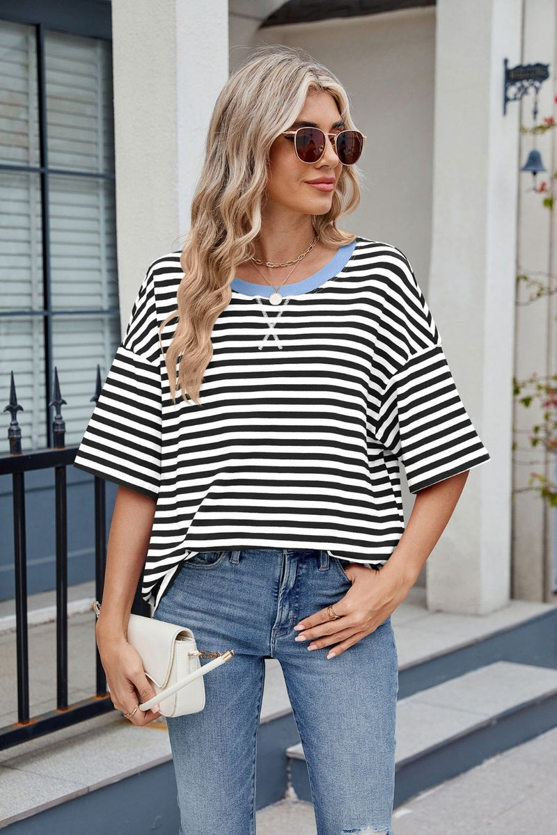 Contrast Striped Round Neck Half Sleeve T-Shirt Black White