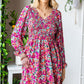 Floral Smocked V-Neck Flounce Sleeve Dress