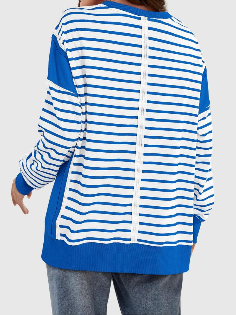 Slit Exposed Seam Striped Long Sleeve Sweatshirt