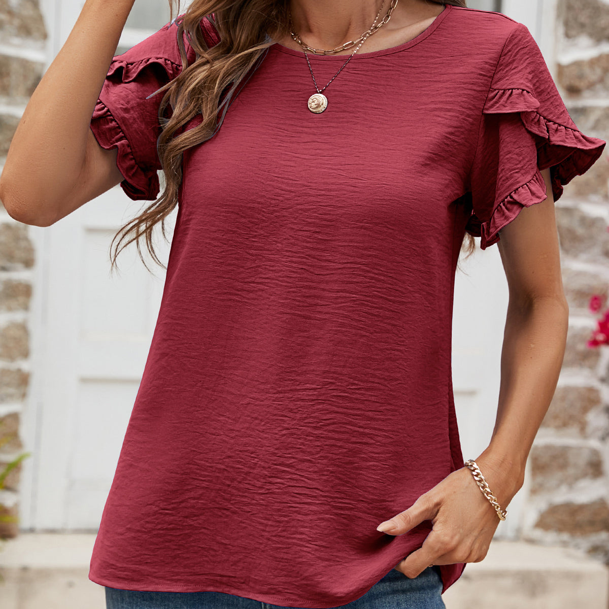 Textured Petal Sleeve Round Neck Tee Burgundy