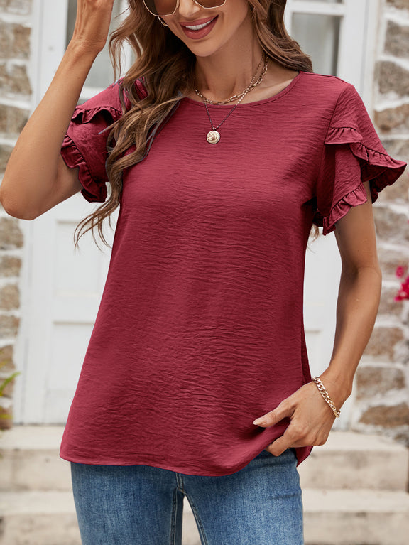 Textured Petal Sleeve Round Neck Tee Burgundy