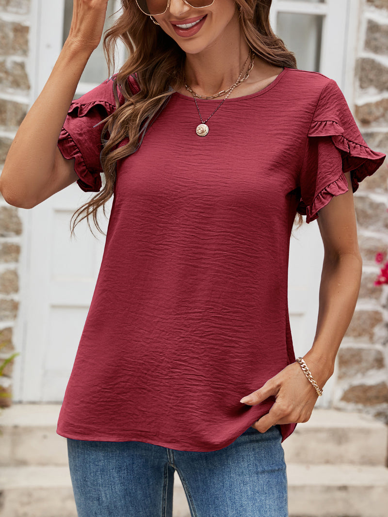 Textured Petal Sleeve Round Neck Tee Burgundy