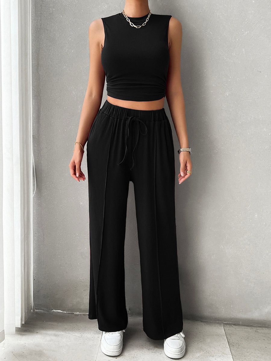 Mock Neck Sleeveless Top and Drawstring Pants Set Black