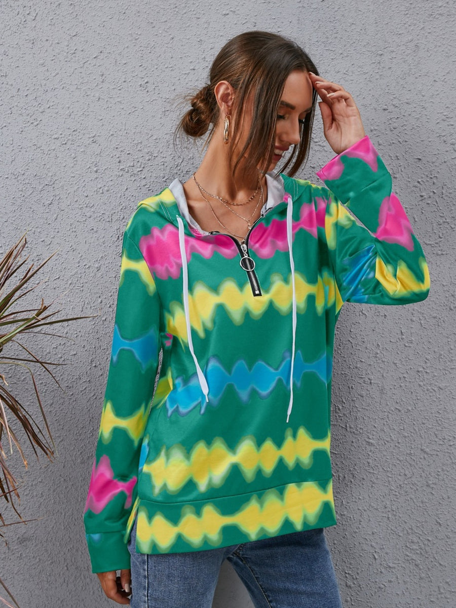 Contrast Quarter Zip Dropped Shoulder Hoodie Green