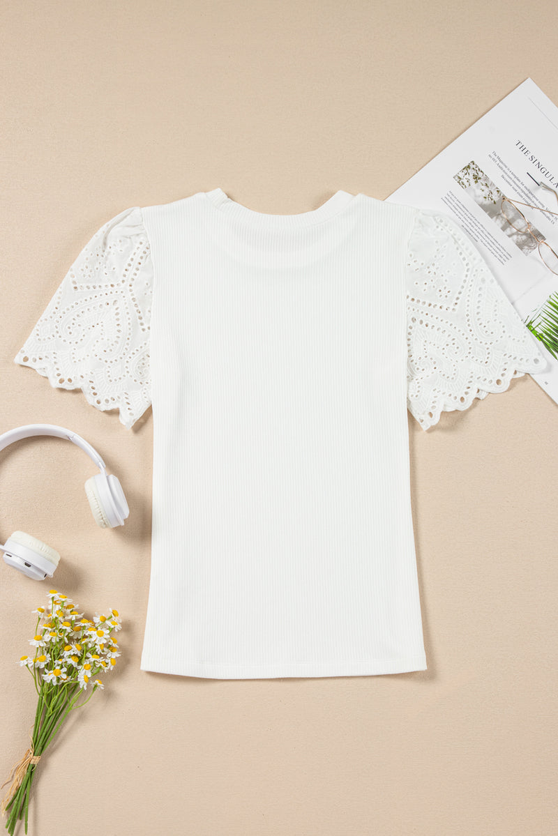Eyelet Short Sleeve Patchwork Ribbed Top