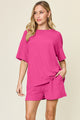 Double Take Full Size Round Neck Short Sleeve T-Shirt and Shorts Set Hot Pink
