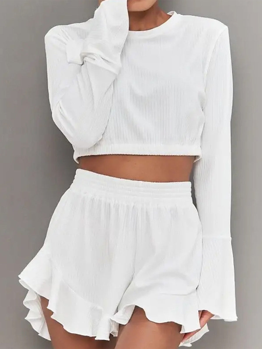 Round Neck Long Sleeve Top and Ruffled Shorts Set White