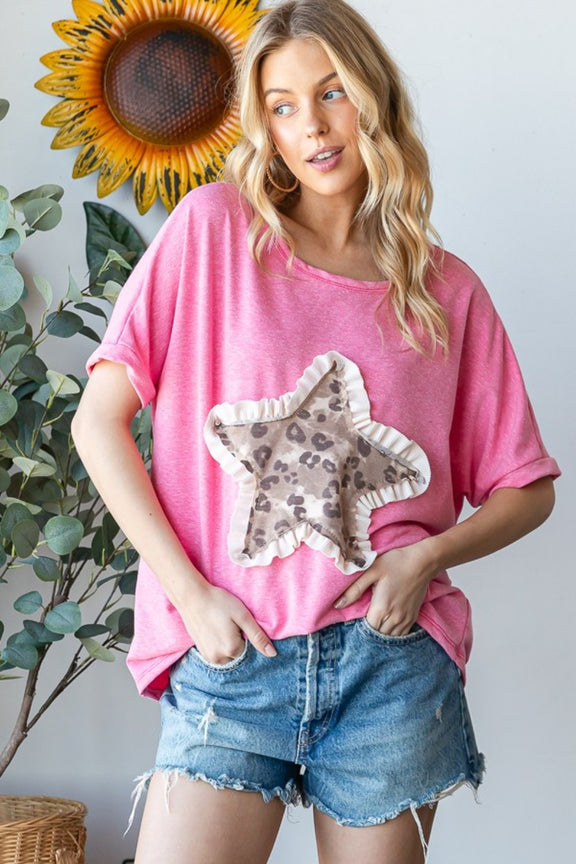 HOPELY Leopard Star Patch Short Sleeve T-Shirt Pink