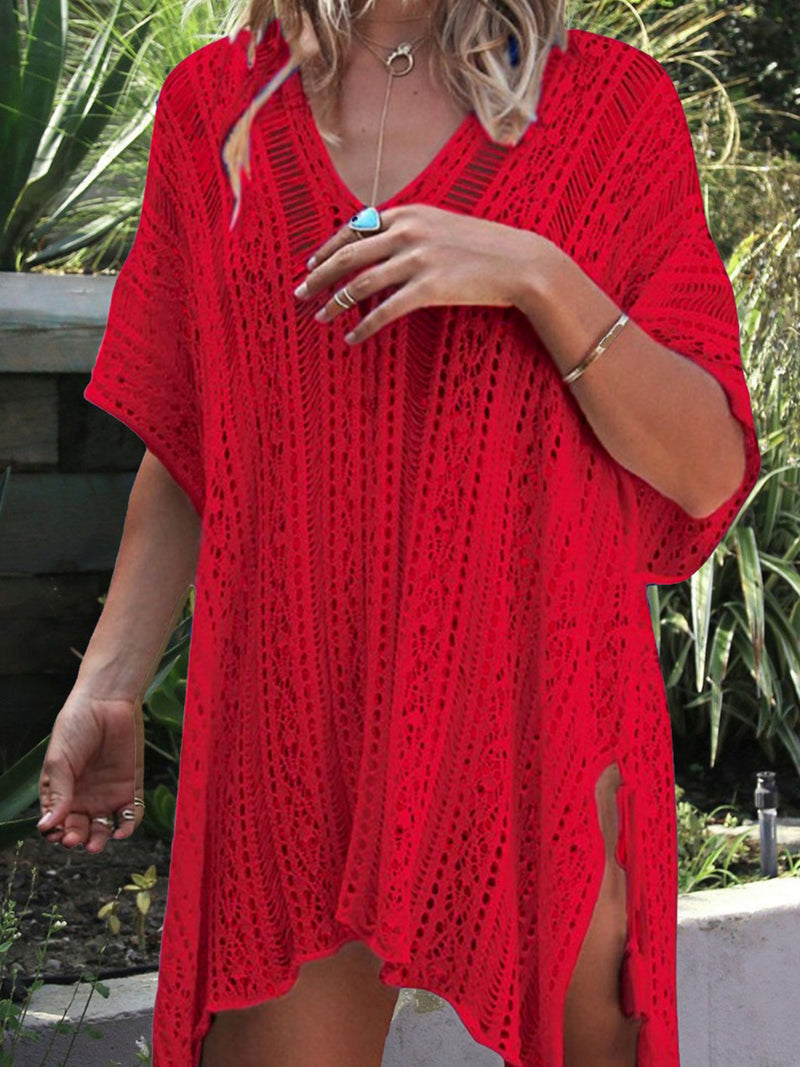 Cutout V-Neck Cover-Up with Tassel