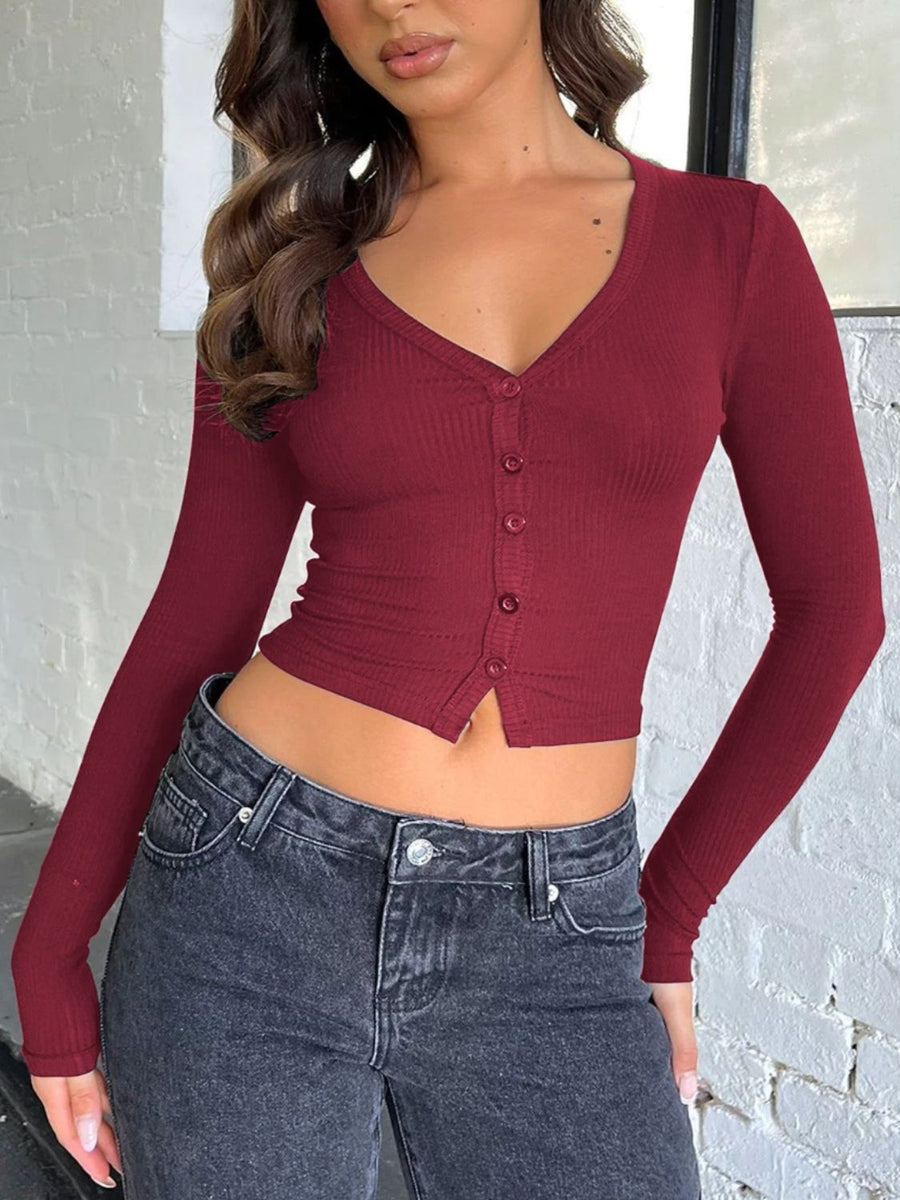 Buttoned V-Neck Long Sleeve T-Shirt Burgundy