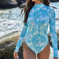 Printed Mock Neck Long Sleeve One-Piece Swimwear