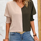 Contrast V-Neck Lantern Sleeve Blouse