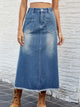 Raw Hem Buttoned Denim Skirt with Pockets Dusty Blue
