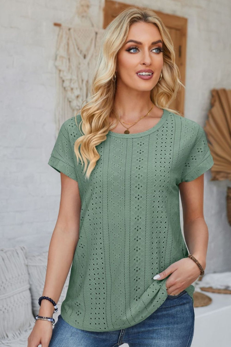 Eyelet Round Neck Rolled Short Sleeve T-Shirt Sage