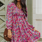 Floral Smocked V-Neck Flounce Sleeve Dress