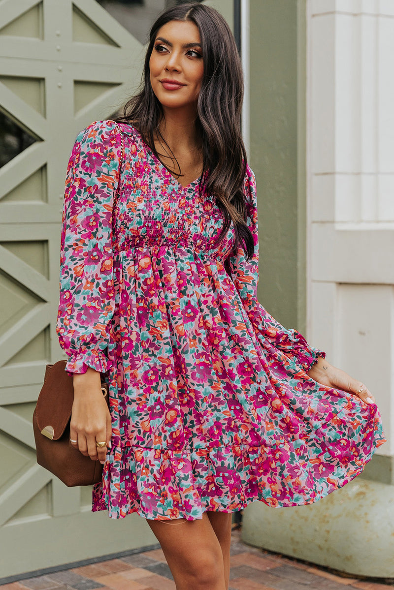 Floral Smocked V-Neck Flounce Sleeve Dress