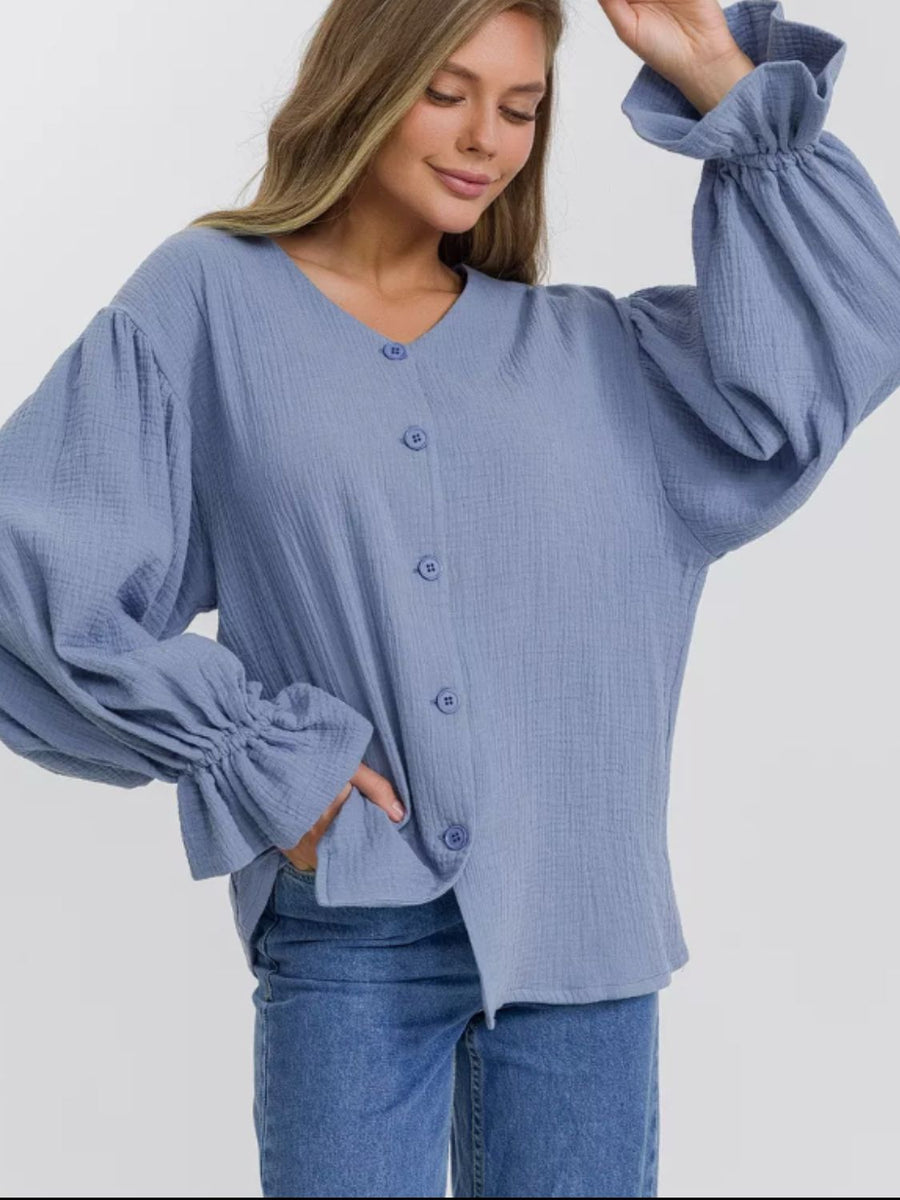 Button Up Flounce Sleeve Shirt Light Blue