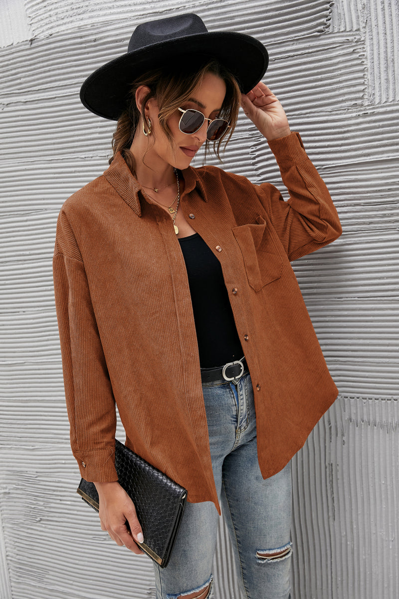 Mandy Button Front Drop Shoulder Corduroy Shirt