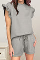 Slit Round Neck Top and Drawstring Shorts Set Gray