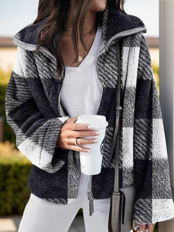 Full Size Plaid Zip Up Long Sleeve Jacket Black