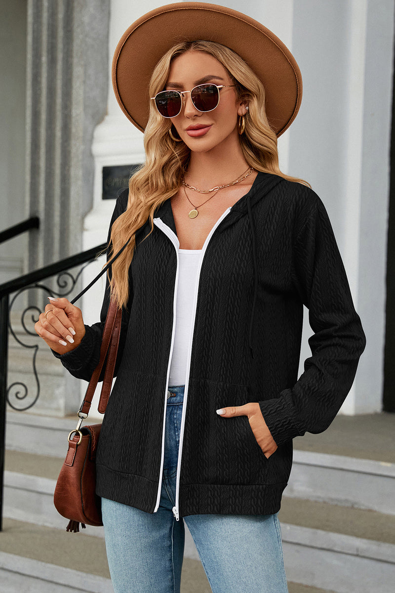 Drawstring Zip Up Long Sleeve Hoodie Black