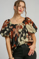 Umgee Full Size Print Round Neck Puff Sleeve Top Plus Size RUST MIX