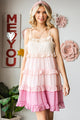 Color Block Swiss Dot Ruffled Tiered Spaghetti Strap Dress Pink