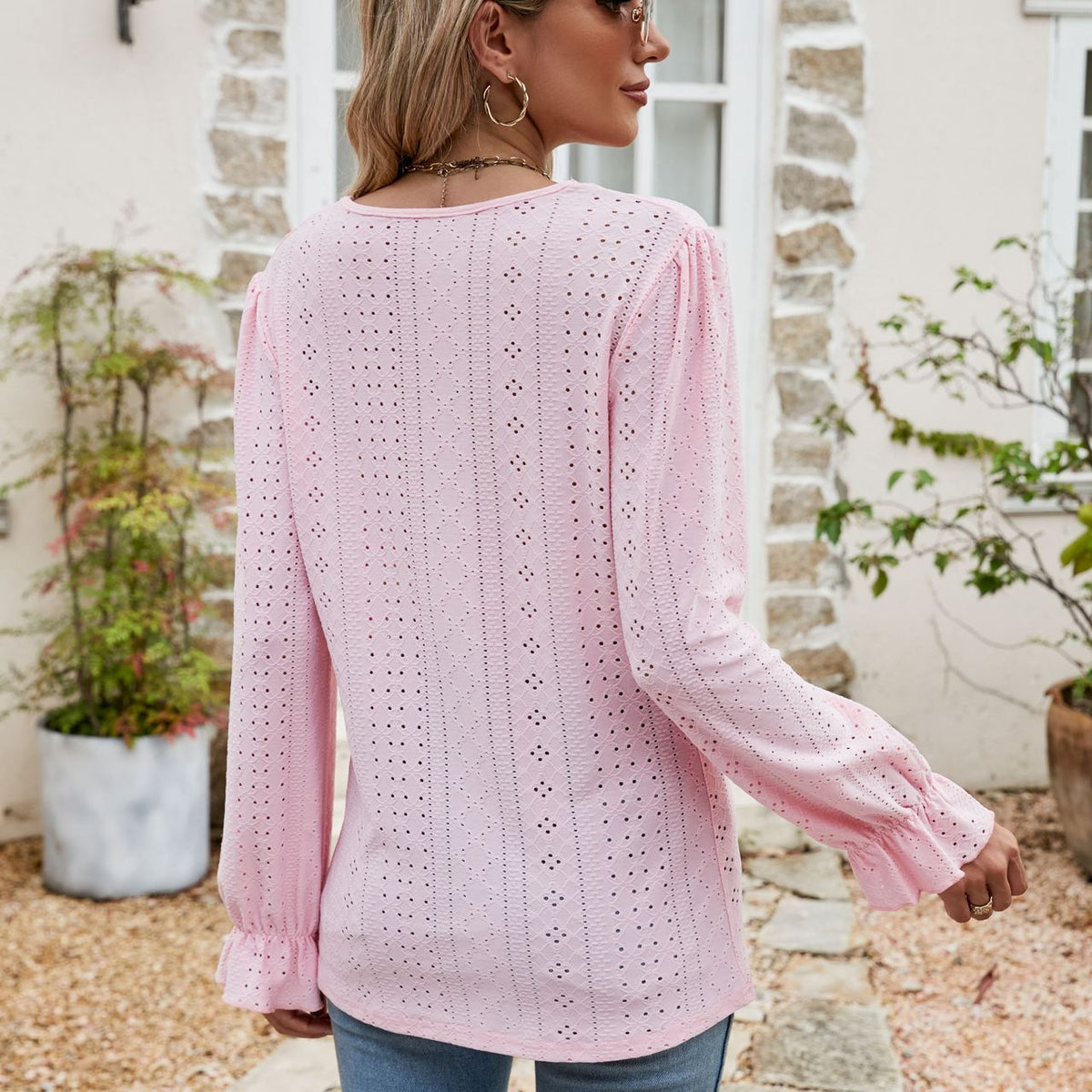 Eyelet Lace Trim Flounce Sleeve Blouse