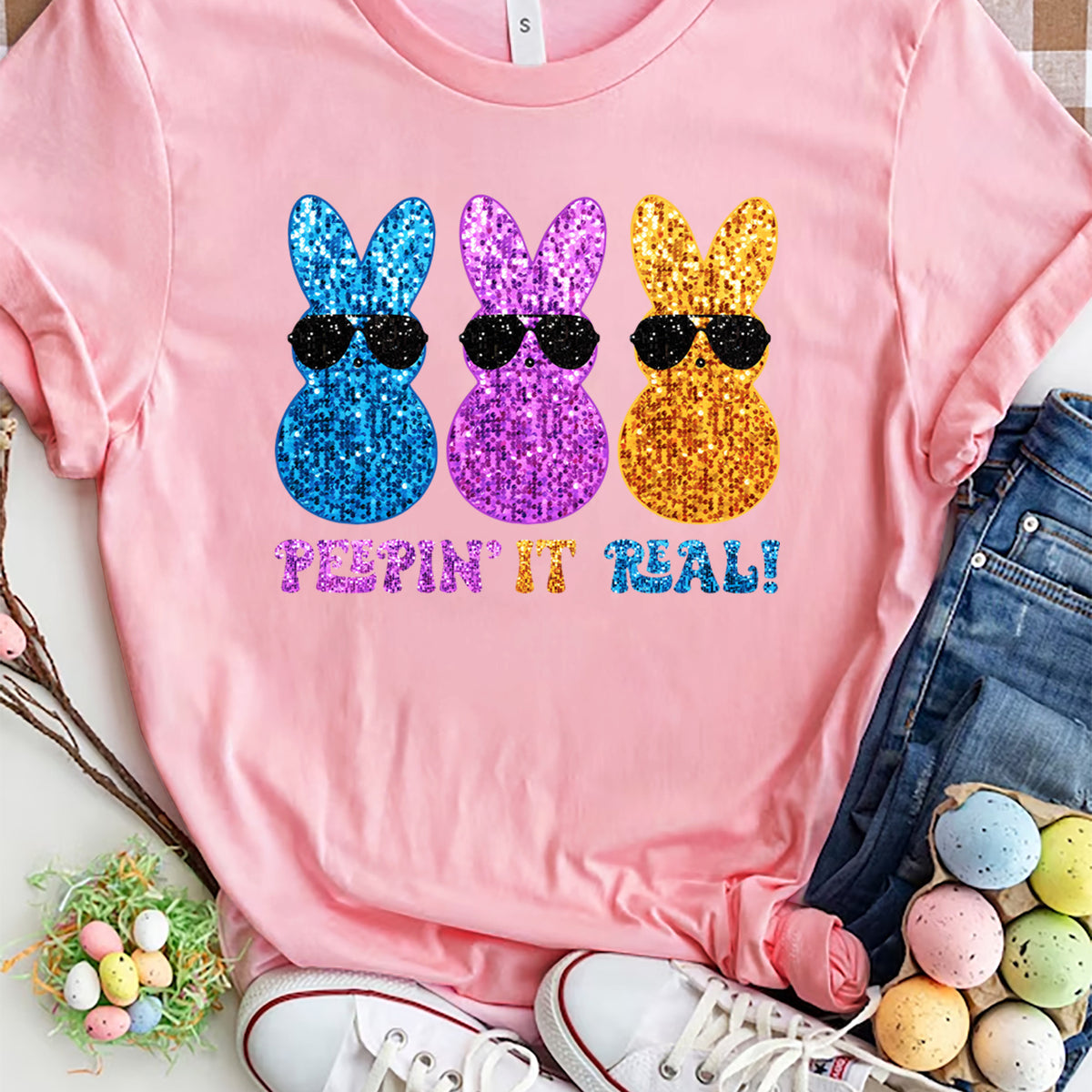 Sequin Rabbit Round Neck Short Sleeve T-Shirt Blush Pink
