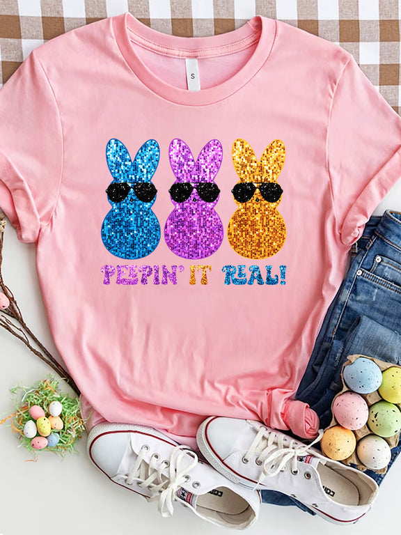 Sequin Rabbit Round Neck Short Sleeve T-Shirt Blush Pink
