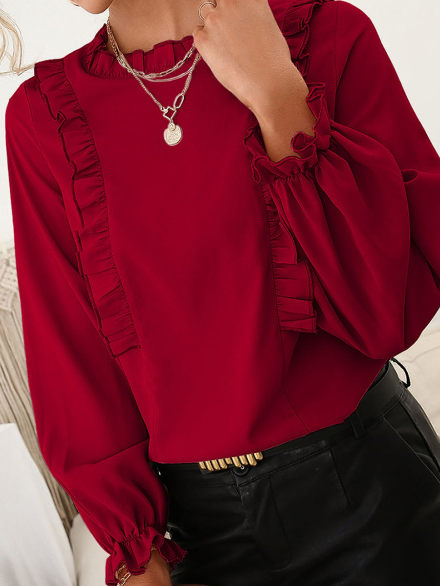 Ivy Lane Frill Round Neck Flounce Sleeve Blouse Burgundy