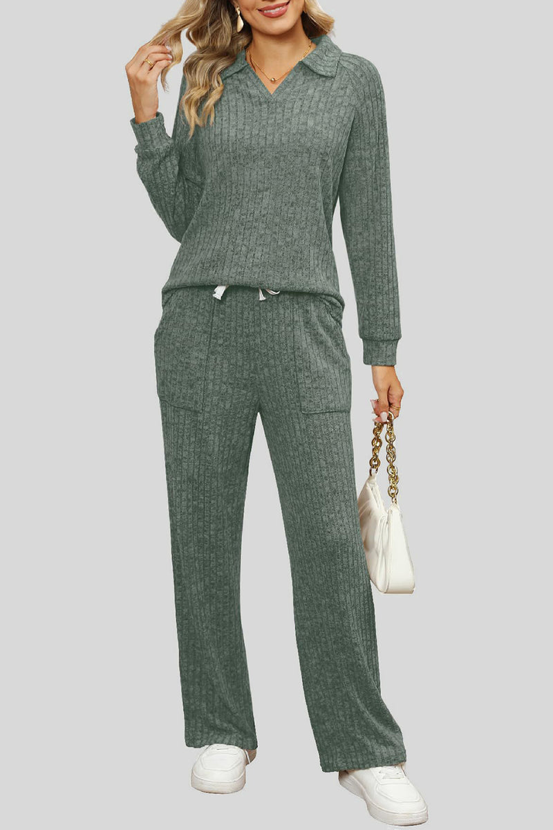 Ribbed Long Sleeve Top and Pocketed Pants Set Matcha Green