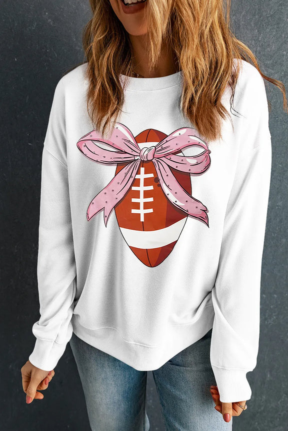 Football Round Neck Long Sleeve Sweatshirt White