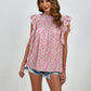 Ruffled Ditsy Floral Mock Neck Cap Sleeve Blouse