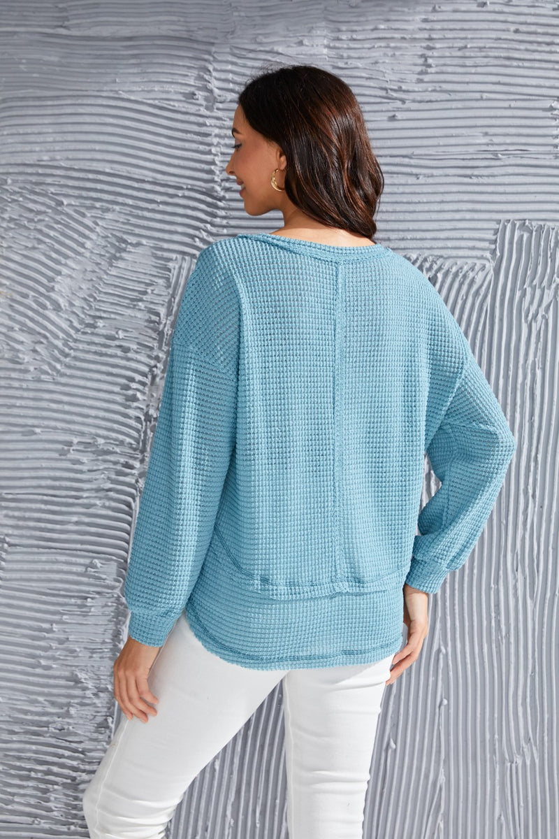 Waffle-Knit V-Neck Blouse with Breast Pocket